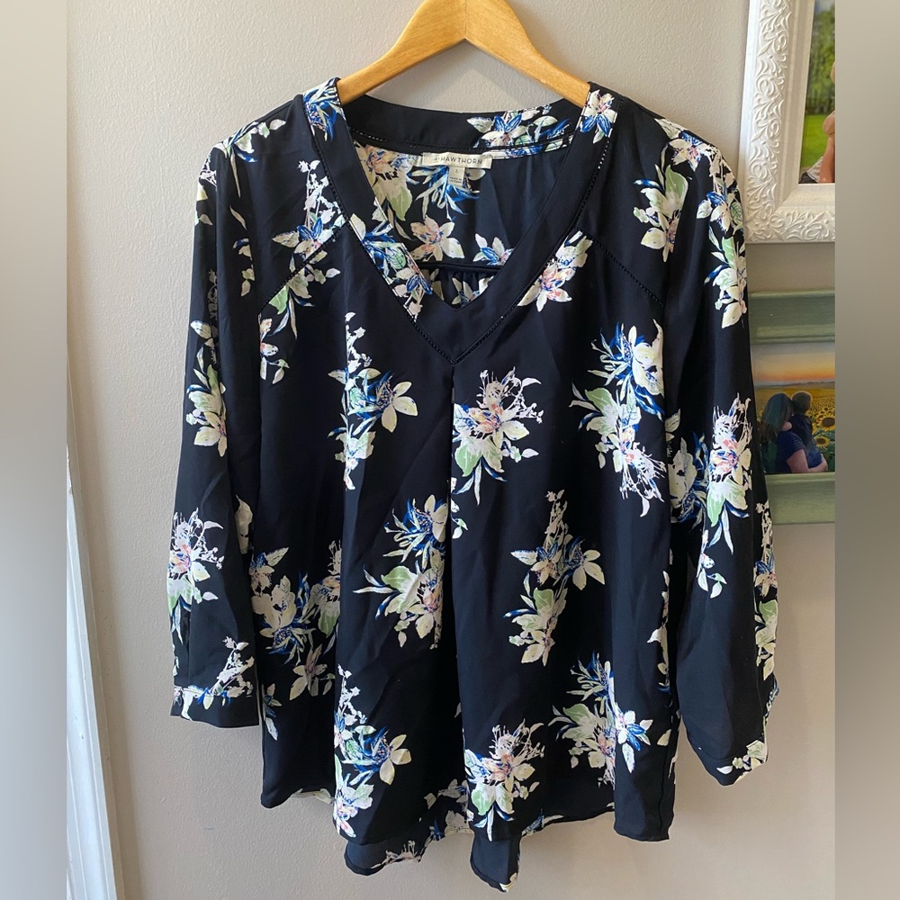 41 Hawthorn Floral V-Neck Blouse Black Multicolor | 3/4 Sleeve Flowy Top
